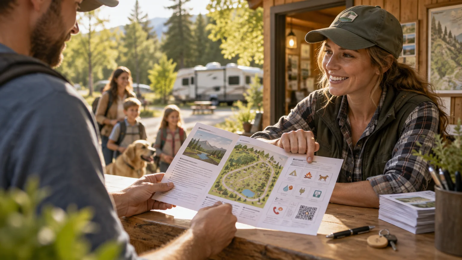 Campground staff member hands a printed welcome packet with a site map and icons to a guest at a wooden check-in counter, with an RV, family, and dog outside in warm sunlight.