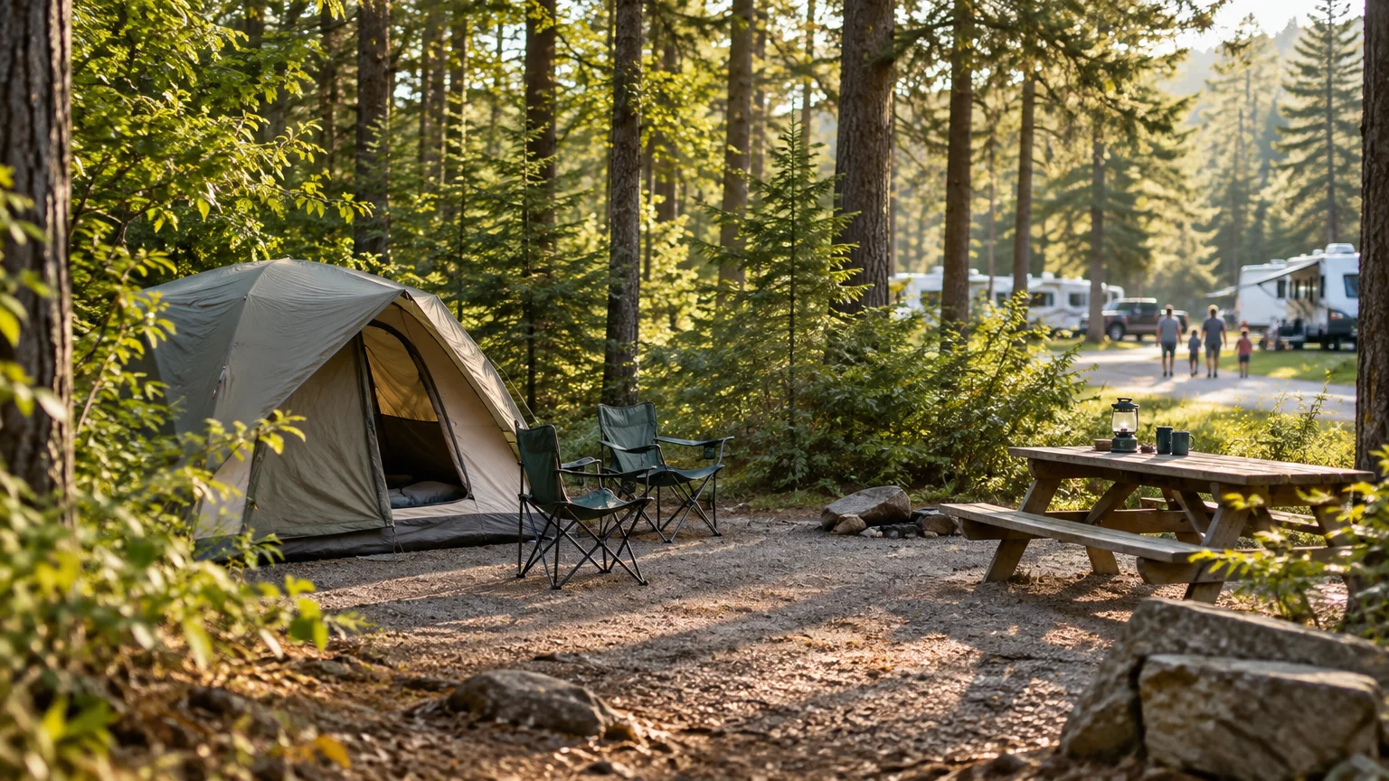 Tent campsite screened by trees with folding chairs, picnic table, and lantern, while RVs and campers pass along a nearby campground road.