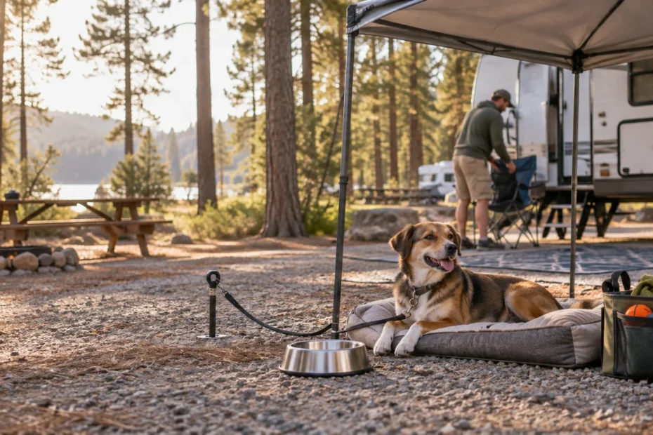 Dog resting on a bed under an RV awning at a wooded lakeside campsite, tethered near a metal bowl while a camper sets up a chair nearby.