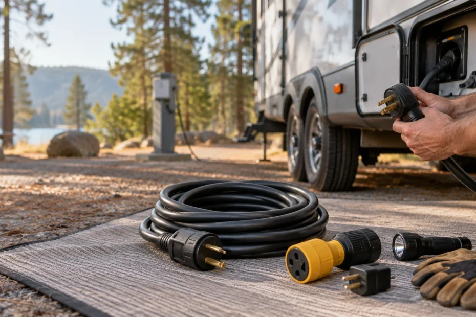 Camper kneels beside an RV at a wooded lakeside campsite, holding a heavy-duty power plug above a coiled black extension cord and yellow adapter on a ground mat.