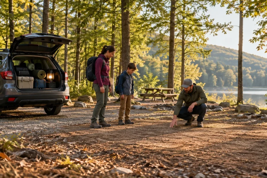 Three campers beside an open SUV at a wooded lakeside campsite; one person crouches to inspect a level patch of bare ground while two others stand nearby with backpacks.
