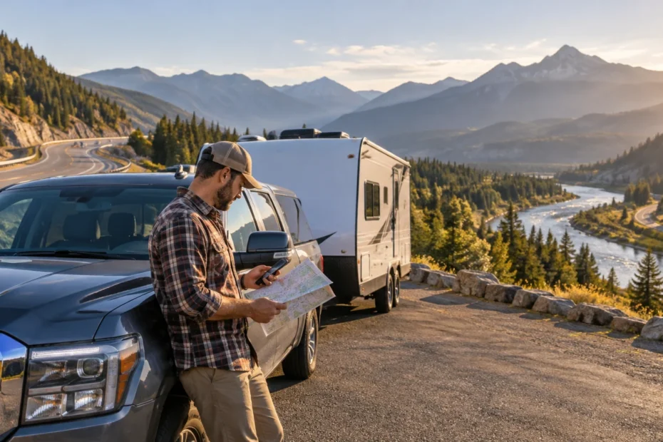 Man beside a pickup truck towing a travel trailer at a mountain-road overlook, checking a paper map and phone above a river valley at sunset.