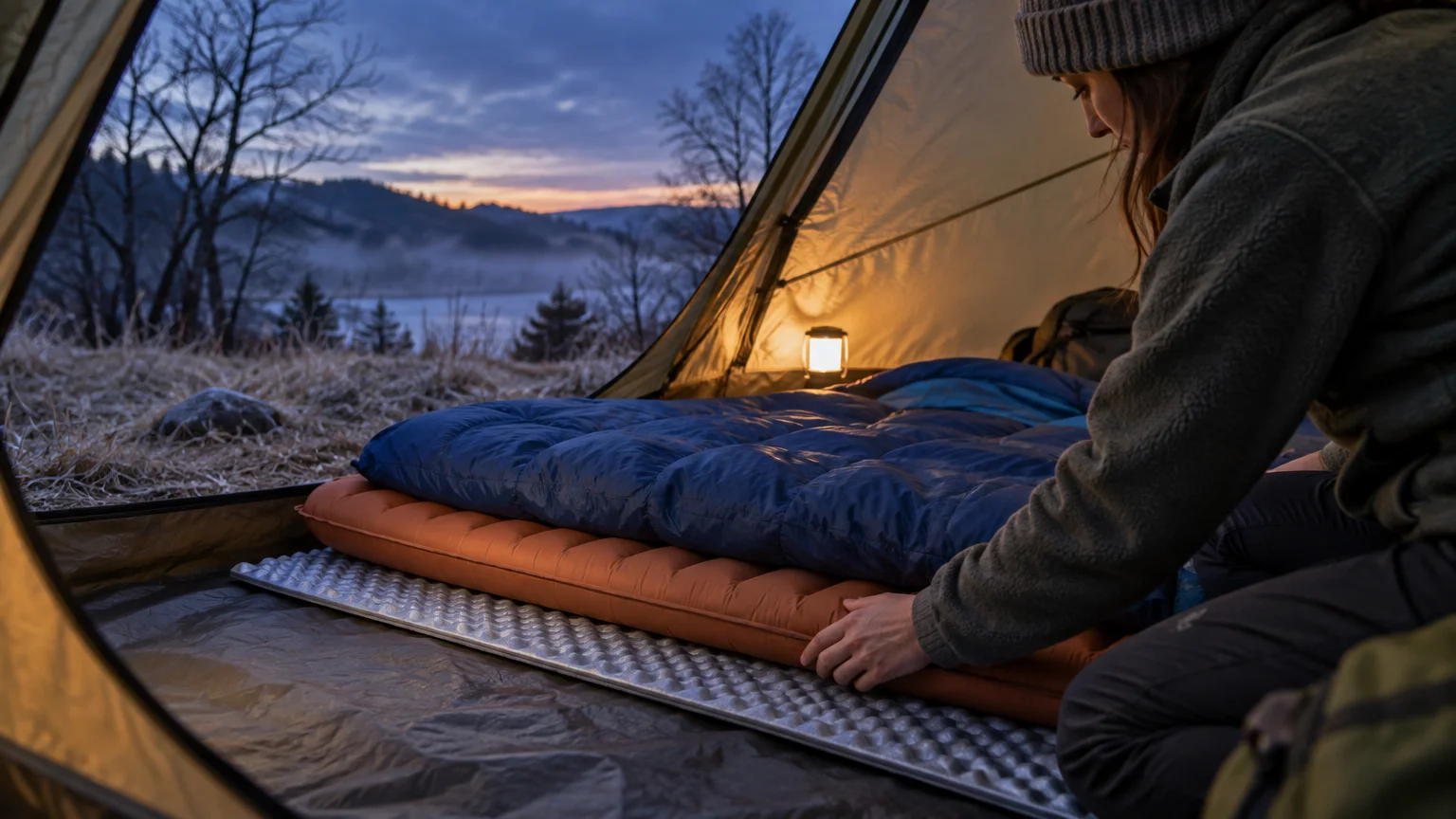 Camper in a tent at dusk adjusts a blue sleeping bag on an orange inflatable pad layered over a silver foam pad, with frosty hills visible outside.
