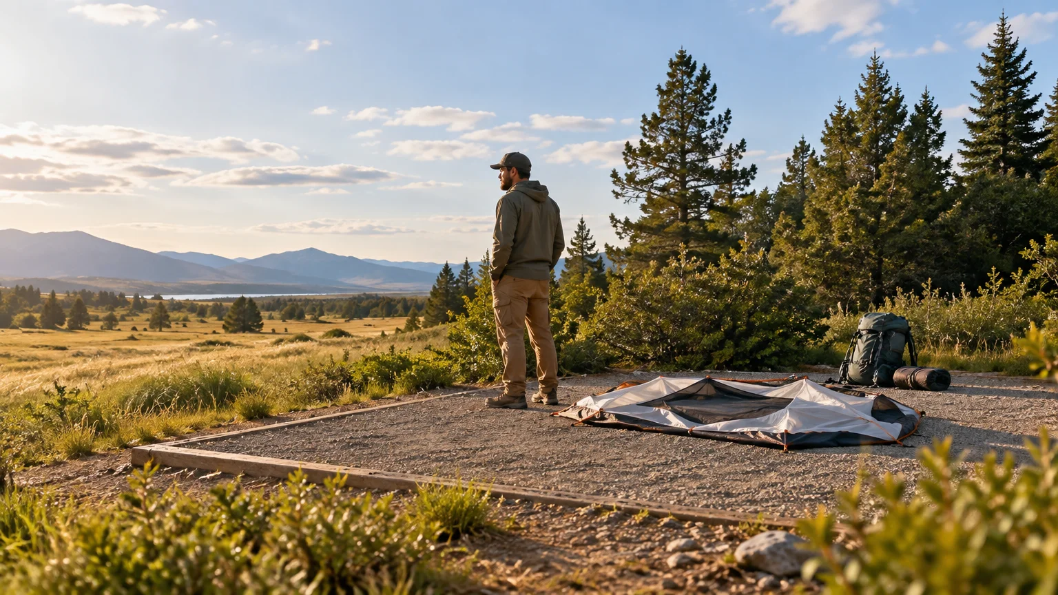 Camper standing beside an unpitched tent, backpack, and sleeping roll on a gravel tent pad overlooking a sunlit valley, lake, and pine-covered hillside.