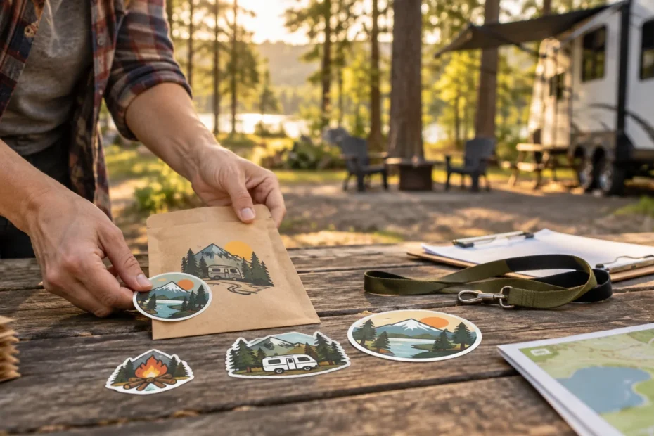 Camper placing an illustrated outdoor-themed sticker on a kraft paper packet at a picnic table, with additional RV, campfire, mountain, and lake stickers beside a campsite and trailer.