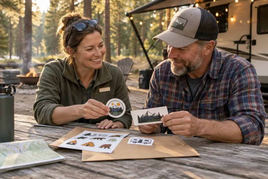 Two campers sit at a picnic table beside an RV, smiling as they examine illustrated mountain and camping stickers, with a sticker sheet, map, water bottle, and campfire nearby.